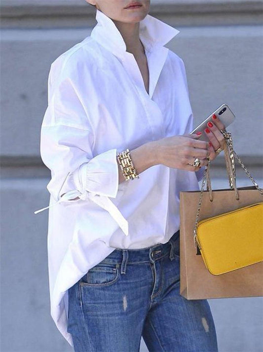 Long Lapel Arm Casual Plain Blouse