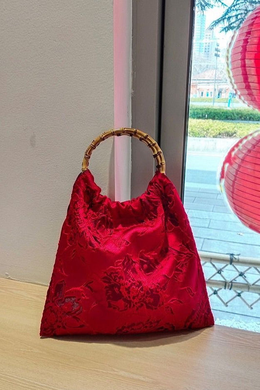 Red Bamboo Handle Handmade Butterfly Retro Top Handle Bag