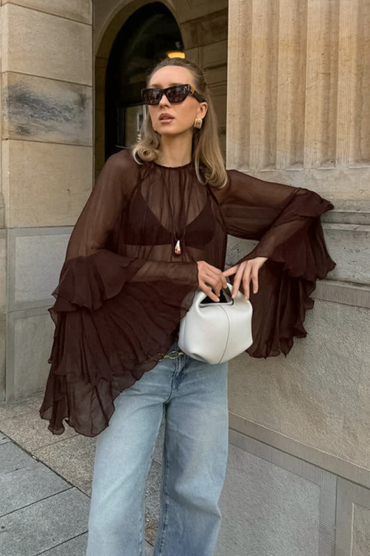 Sheer Ruffle Cape Sleeve Blouse