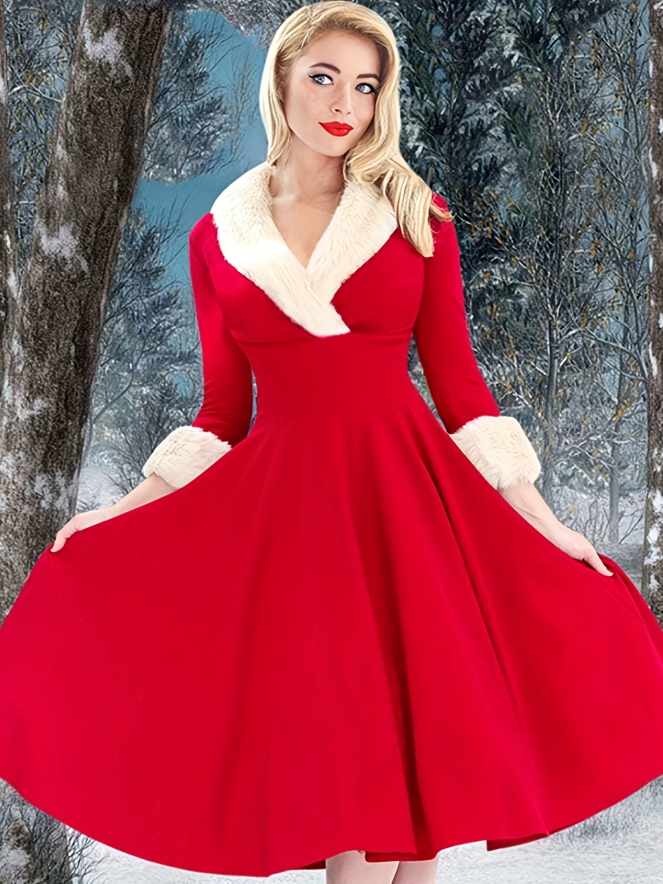 Vintage Inspired Midi Dress with Soft Fuzzy Spandex for Winter Christmas Costume