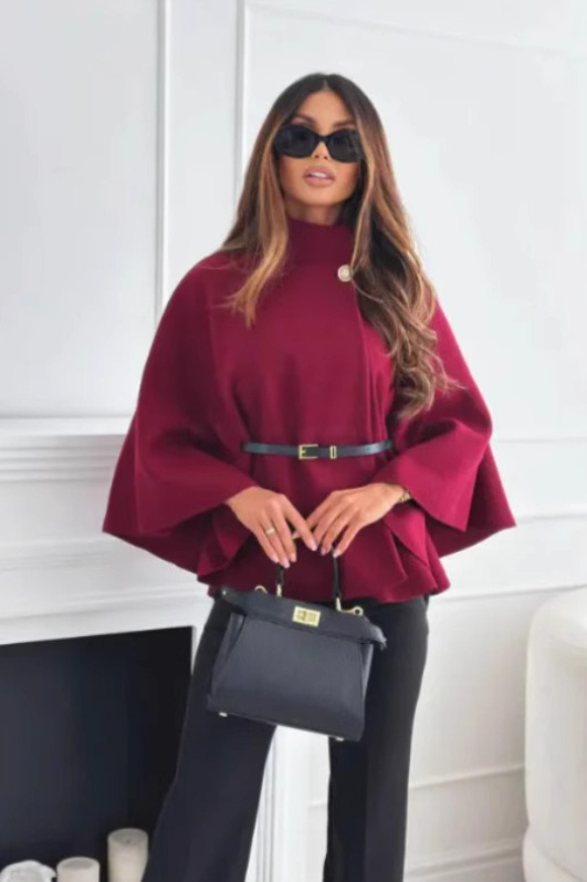 Solid Waist Tie Elegant Chic Wool Cape Outerwear