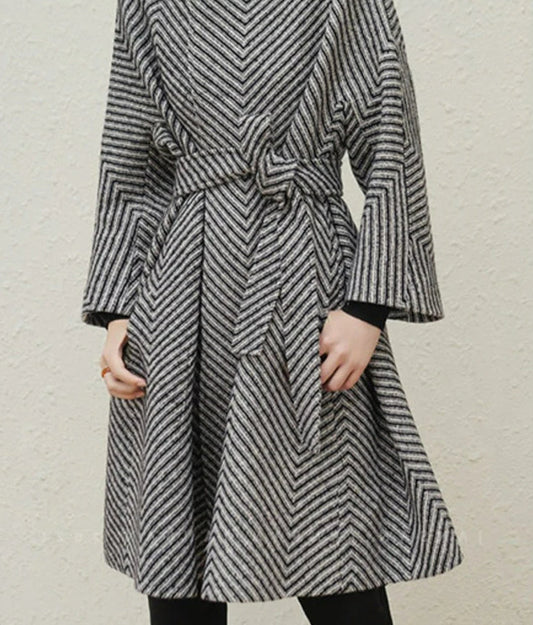 Zigzag Woolen Sashes A-Line Overcoat