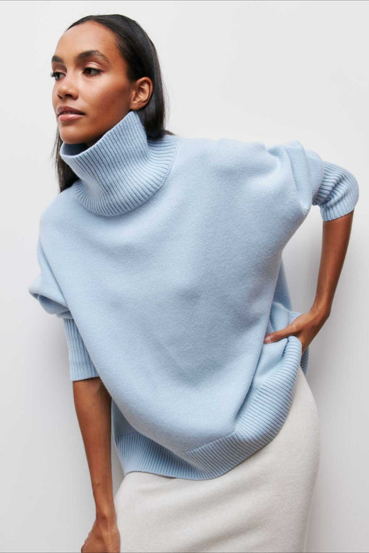 Asymmetric Cape Sleeve Turtleneck Knit Sweater