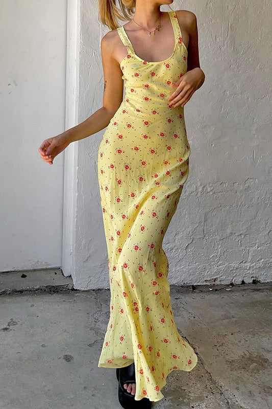 Casual U Neck Floral Print Ruched Cami Maxi Dress