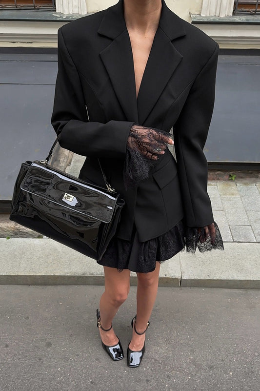 Veste blazer à empiècements en dentelle noire