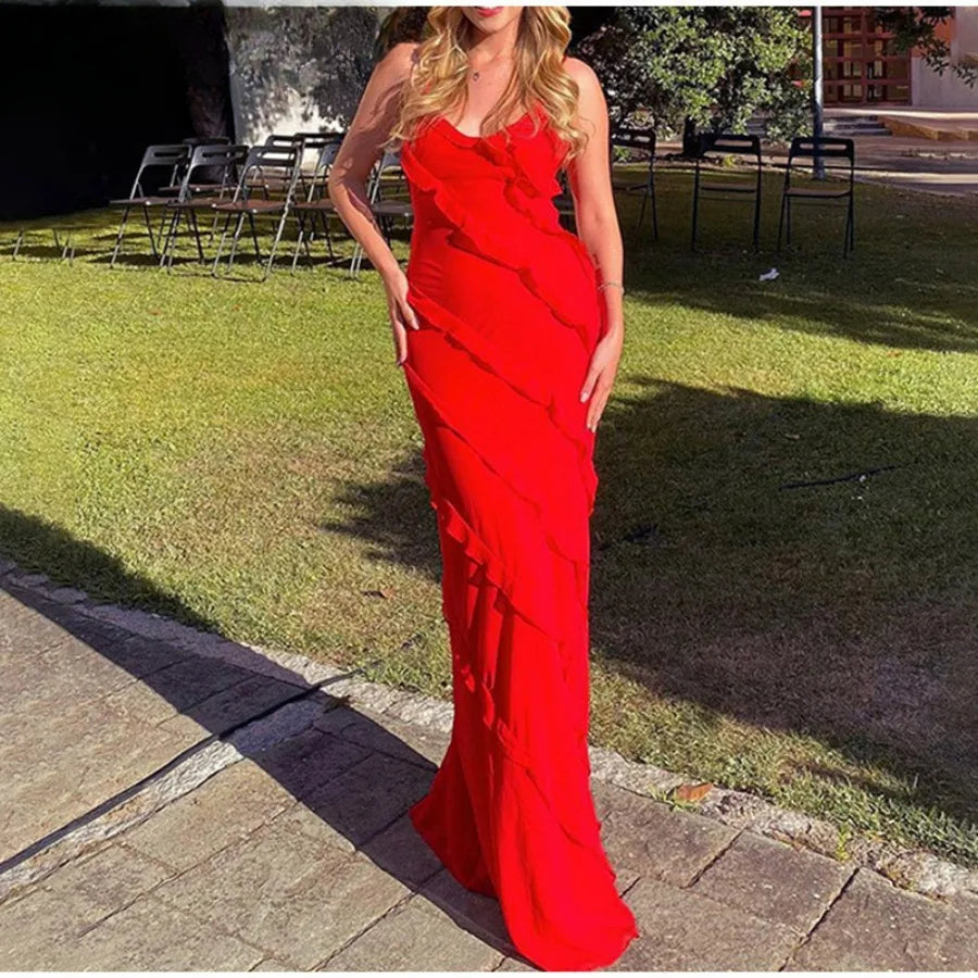 Elegant Ruffles Chiffon Backless Split Maxi Red Christmas Party Dress