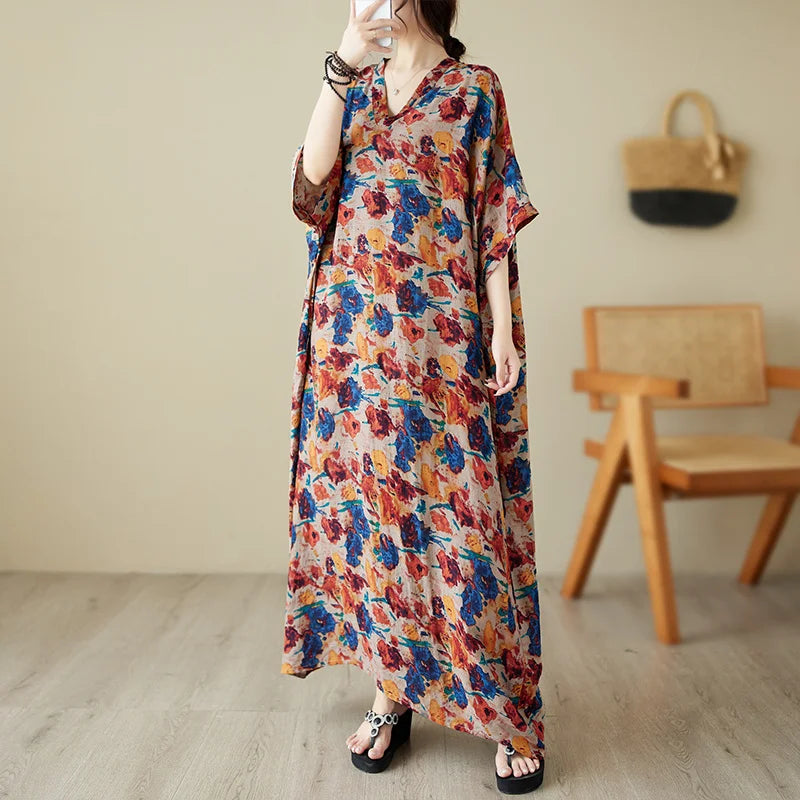 Green Red Cotton Linen Print Batwing Sleeve Retro Boho Dress