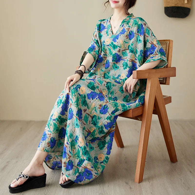 Green Red Cotton Linen Print Batwing Sleeve Retro Boho Dress