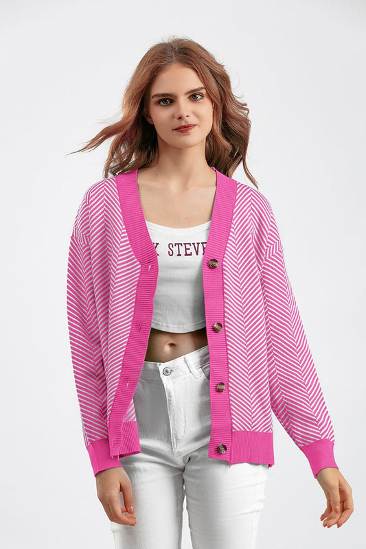 Long Sleeve Loose Knit Cardigan Sweater One Size / Pink