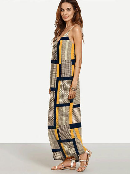 Summer Yellow Plaid Spaghetti Straps V Neck Maxi Dress