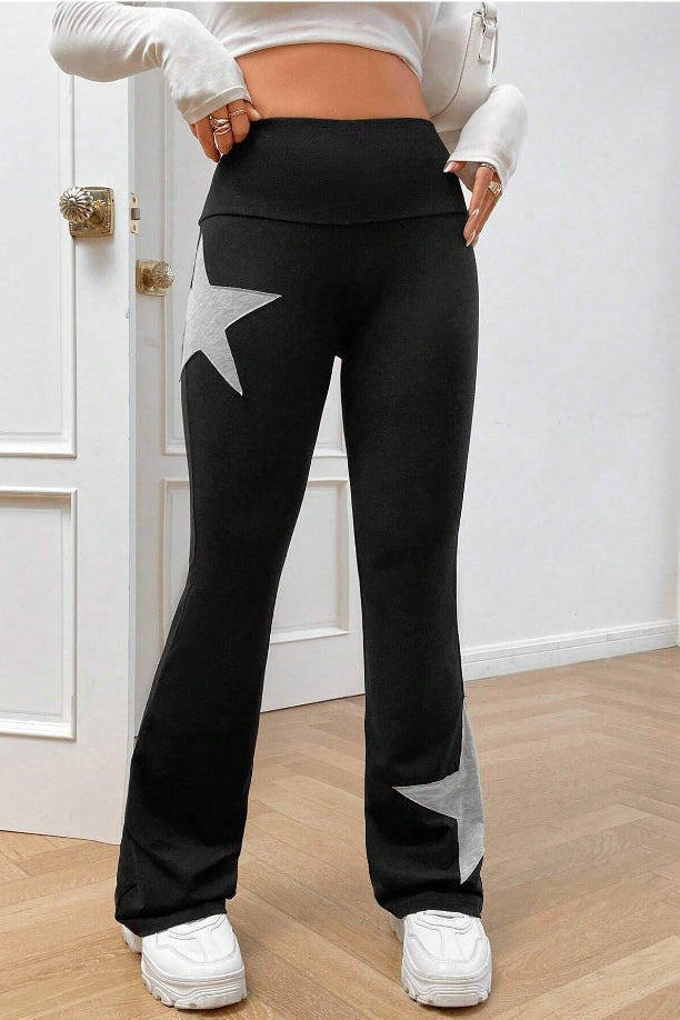 Star Print High Waist Slim Flare Pants Black / S