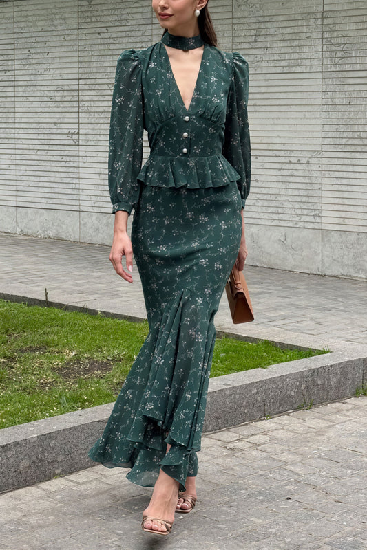 V Neck Long Sleeve Ruffled Floral Print Skirt Set