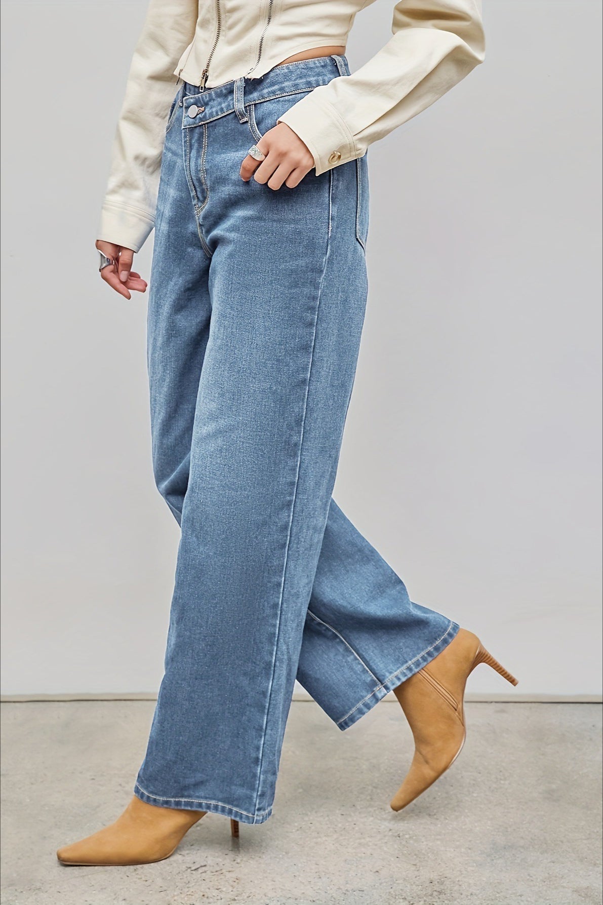 Straight Relaxed Asymmetrical Button Jeans
