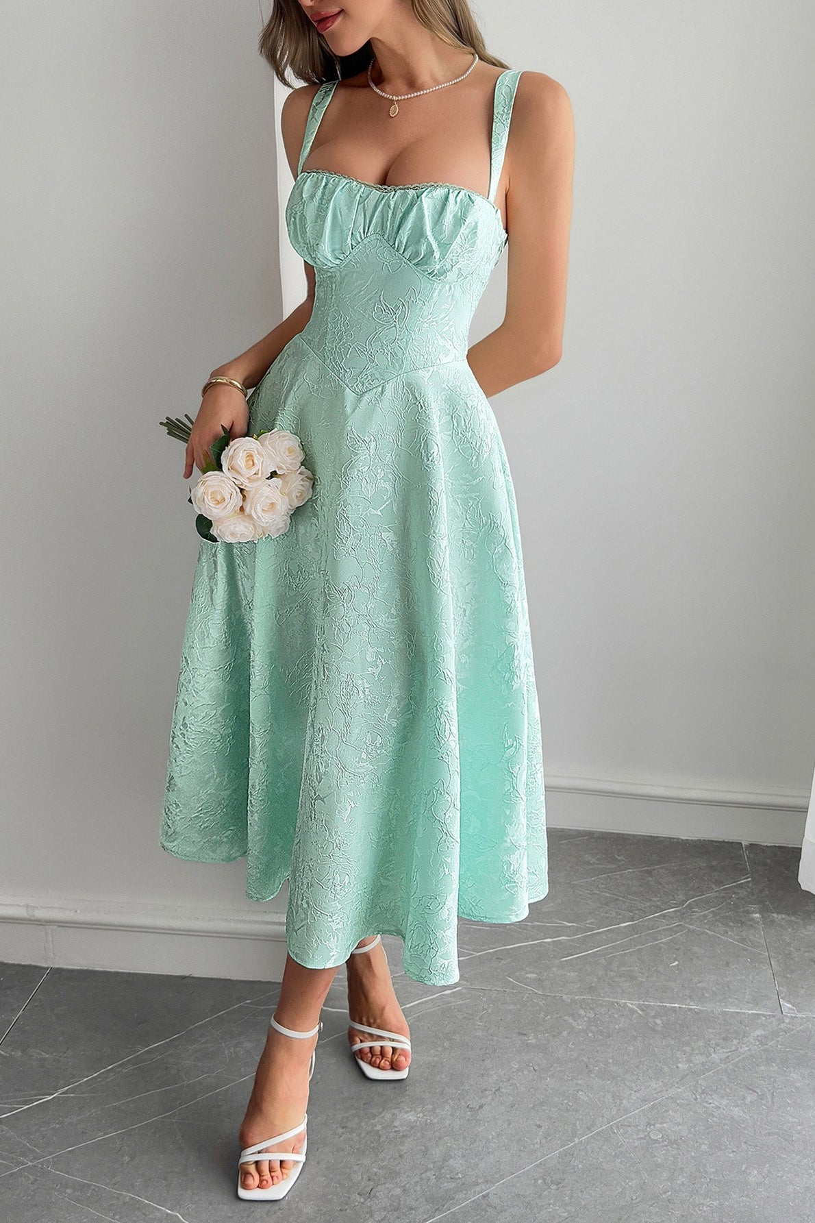 Jacquard Spaghetti Strap Cocktail Dress S / Green