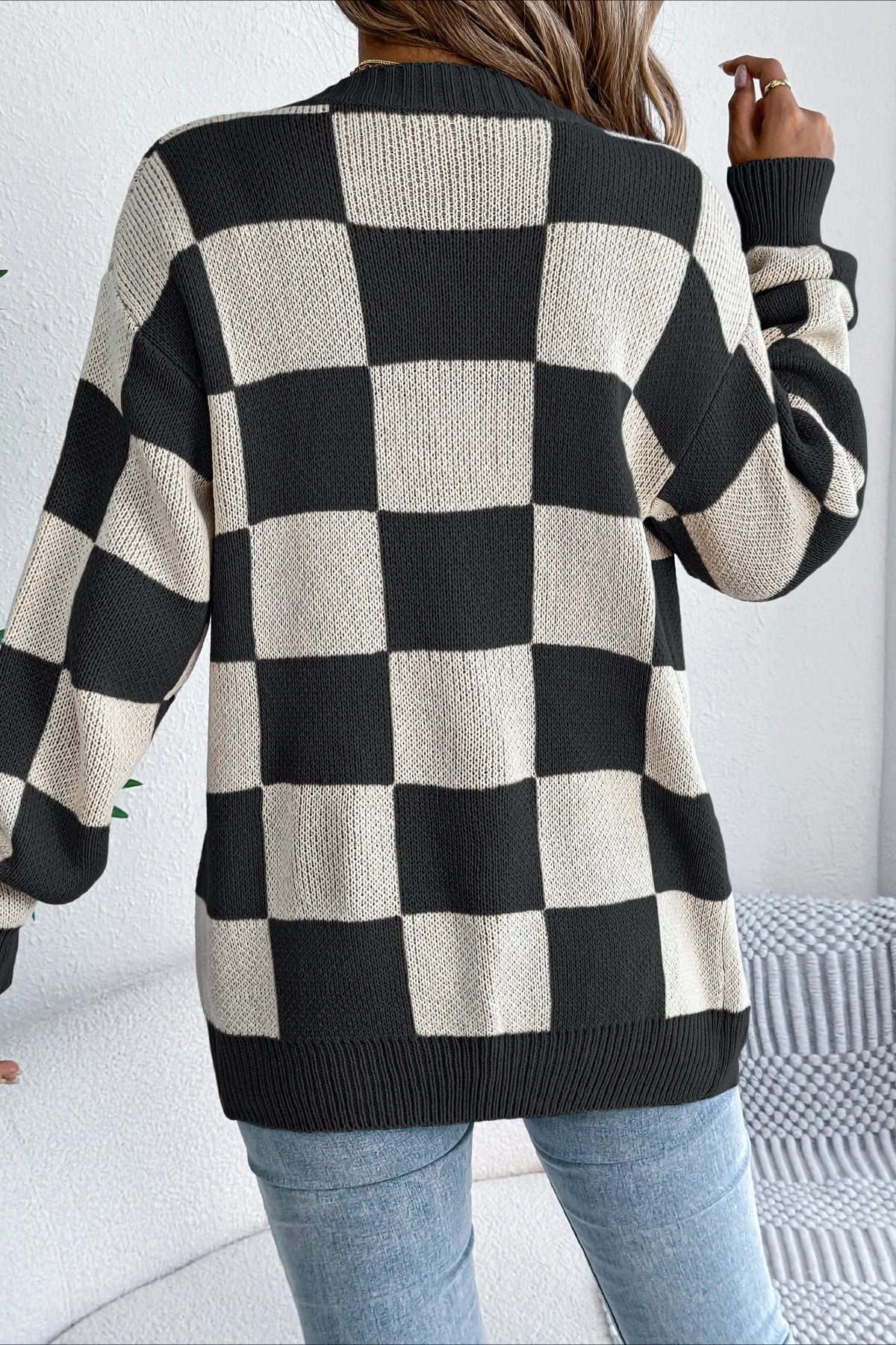 Plaid Knit Casual Loose Cardigan