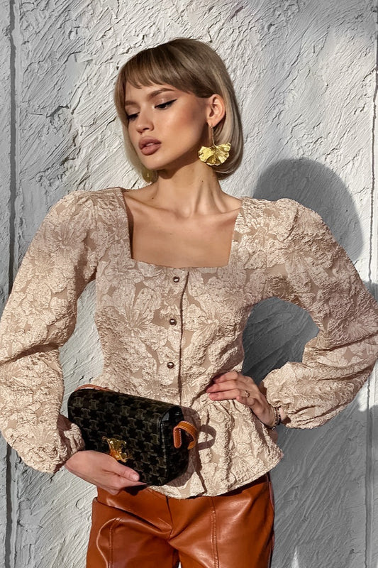 Square Neck Jacquard Peplum Blouse