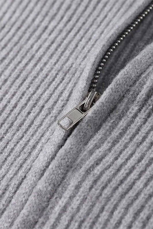 Pleated Knit O Neck Zipper Cardigan