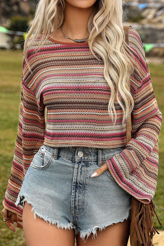 Sheer Striped Bell Sleeve Cropped Top