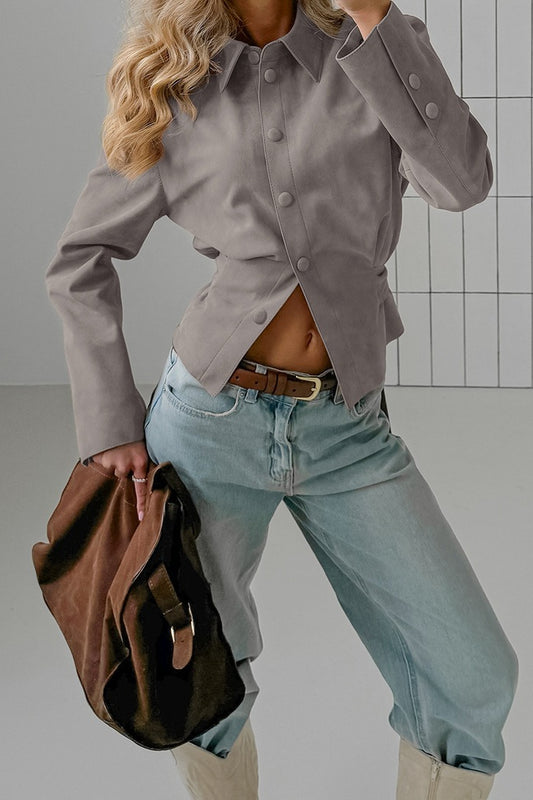 Chemisier vintage en daim kaki à taille cintrée