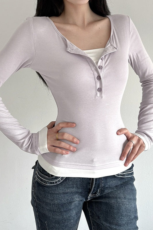 Layered Cuff Henley Neck Long Sleeve Tee