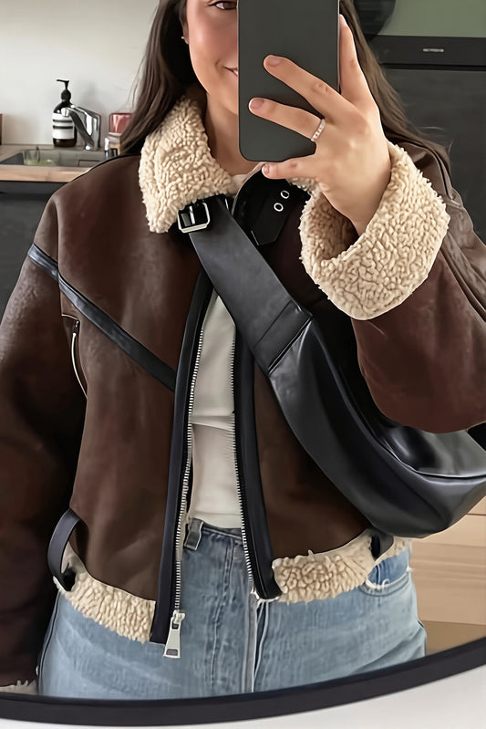 Cropped Shearling Faux Leather Moto Coat