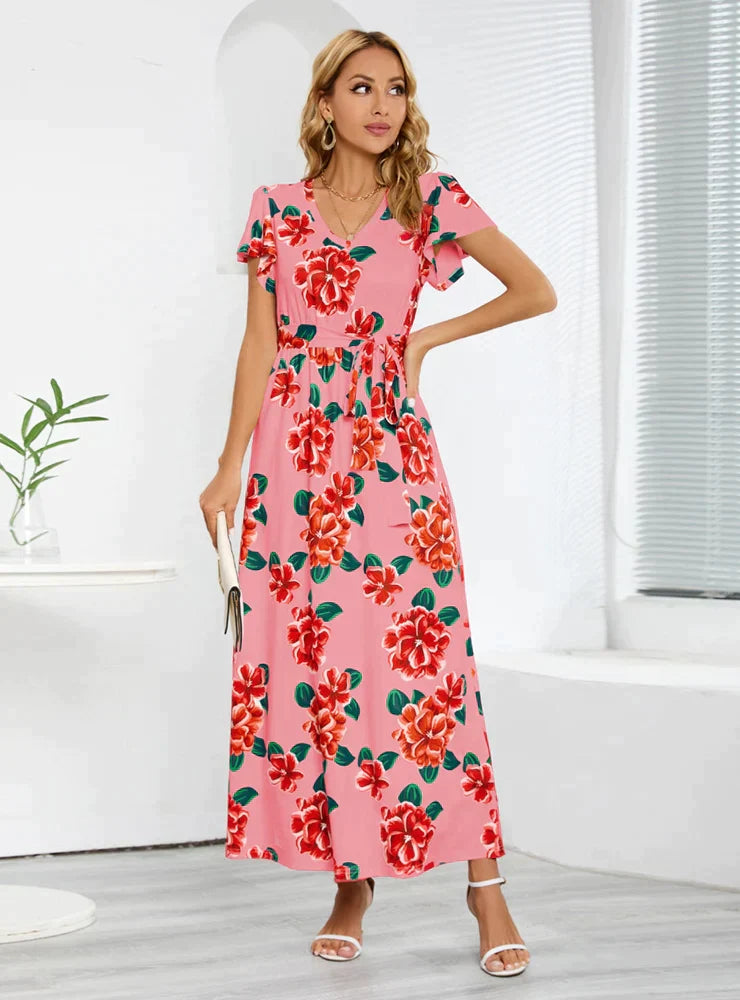 Rose Print V-Neck Dress with Short Sleeves