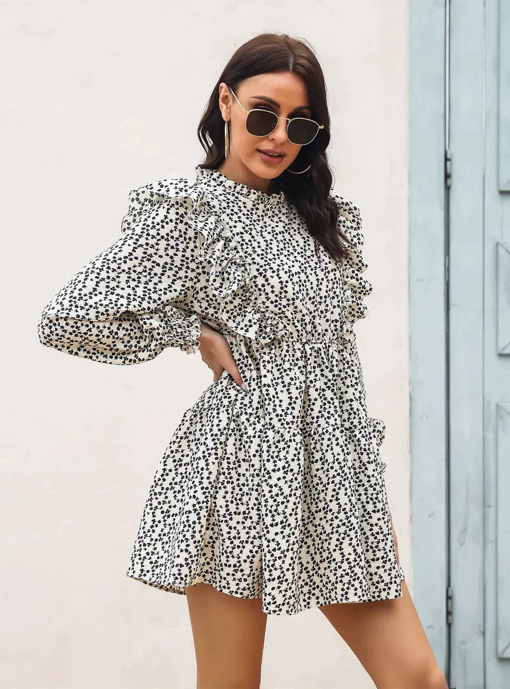 Wood Ear Collar Long Sleeve Printed Dress with Ruffled Detail