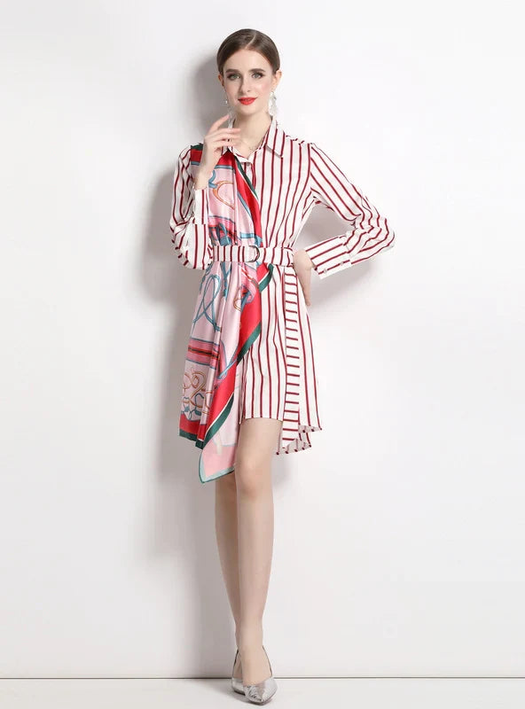 Long-Sleeved Striped Irregular Shirt Dress