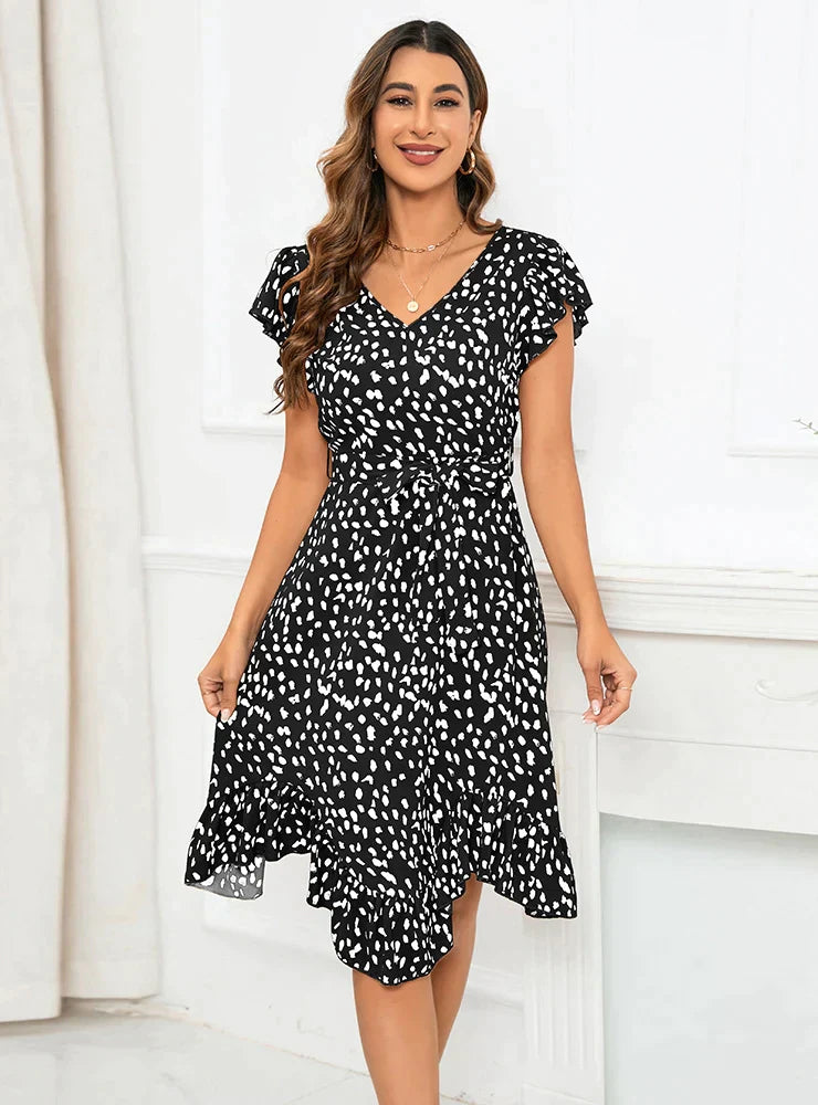 V-Neck Short Sleeve Leopard Print Irregular Dress