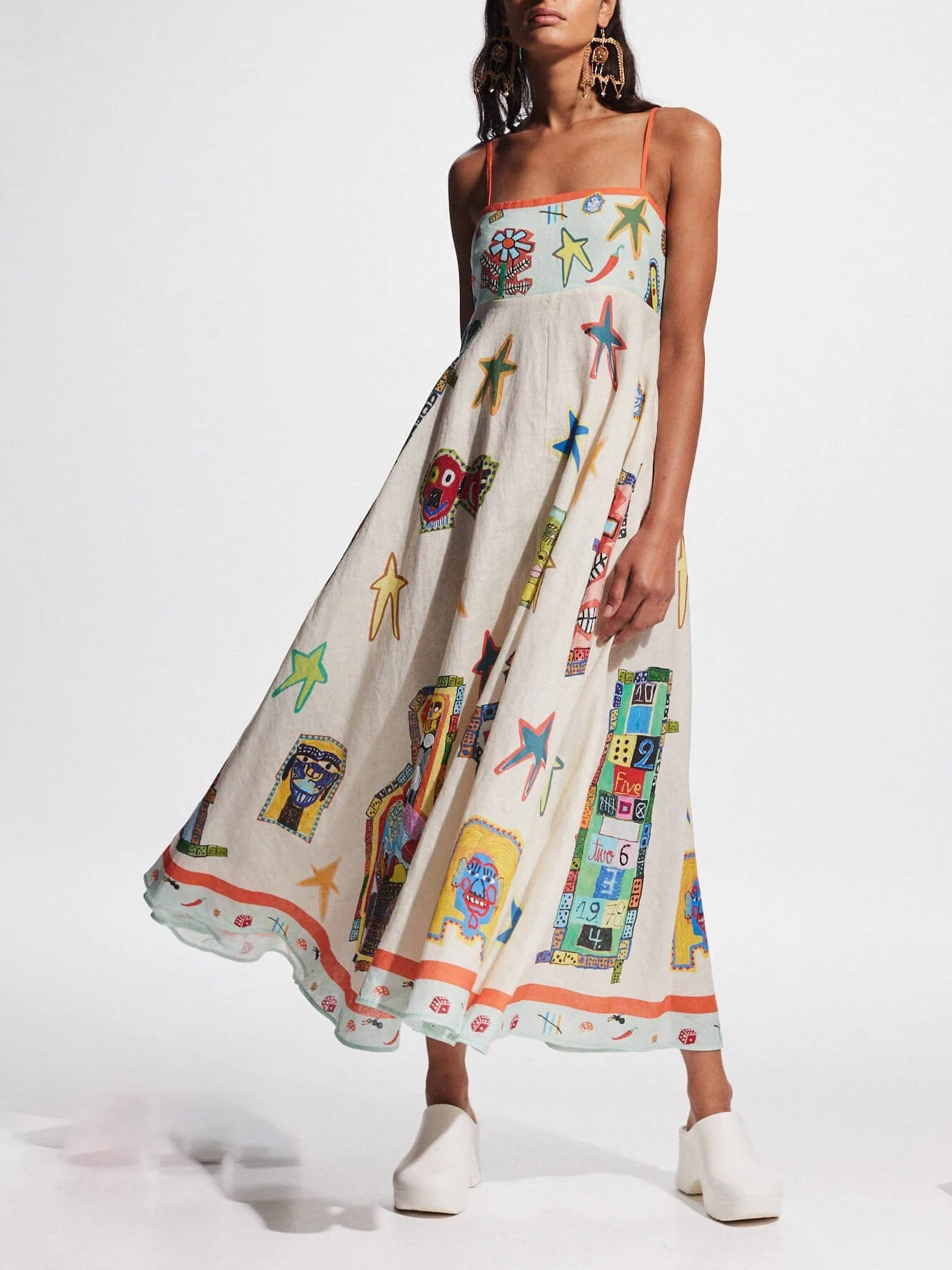 Unique Graffiti Print Suspenders Graceful Long Swing Midi Dress