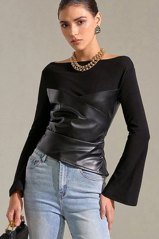 Bell-Sleeve Faux Leather Trim Solid Knit Top Black / S