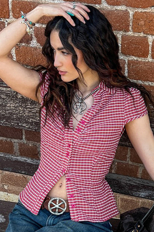 Vintage Rot karierte Polokragen Button-Down Cropped Bluse