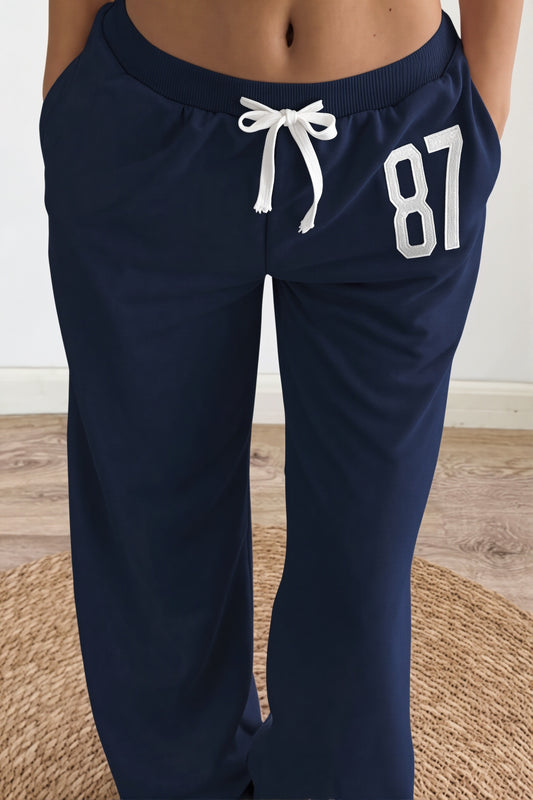 Number Print Drawstring Fitted Pants