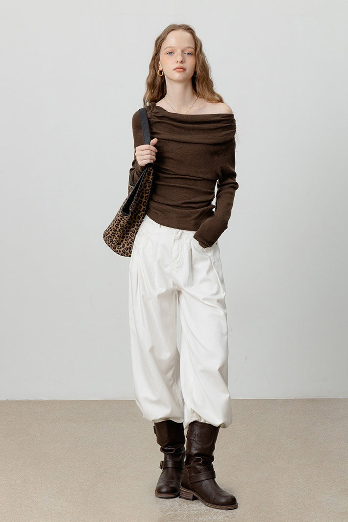 Off-Shoulder Draped Collar Waist-Cinched Knit Top