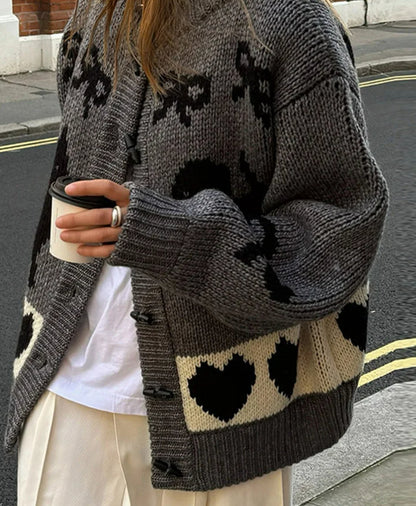 Bow Print Loose O-neck Cardigan