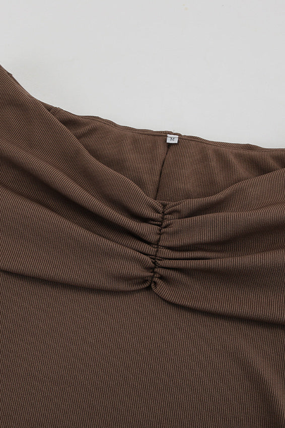 Brown Knit Off Shoulder V Neck Tie Waist A Line Mini Dress