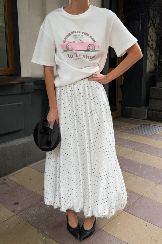 Polka-Dot Pleated Satin Maxi Skirt