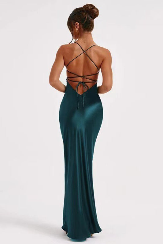 Back Tie Spaghetti Strap Formal Dress S / Green
