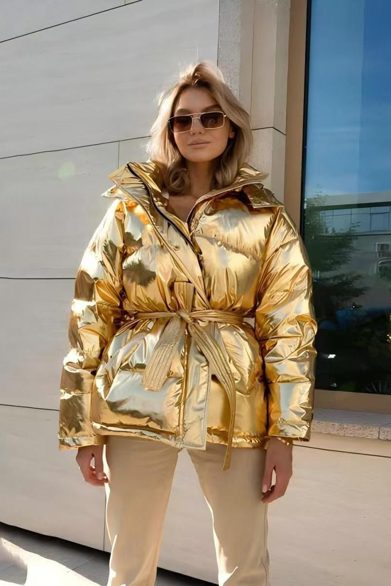 Chic Hooded Belted Quilted Puffer Jacket S / Gold
