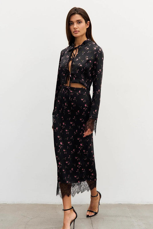 Chic Slim Floral Print Long Sleeve Skirt Set