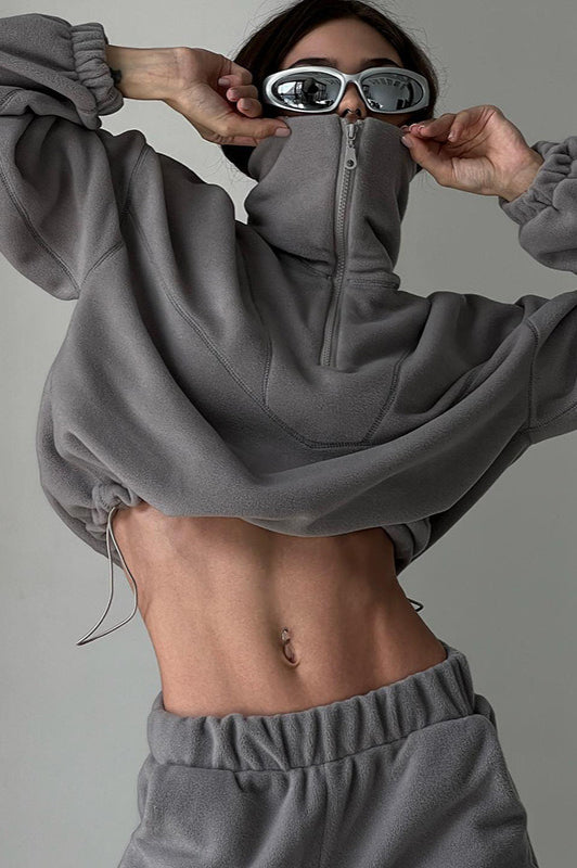 Stand Collar Polar Fleece Short Drawcord Sweatshirt
