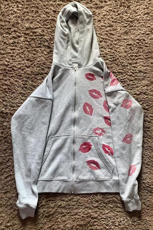 Lip Print Relaxed Zip Hoodie