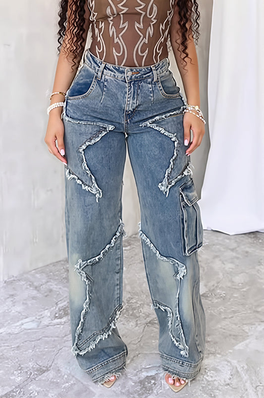 Raw Edge Curved Patchwork Cargo Jeans