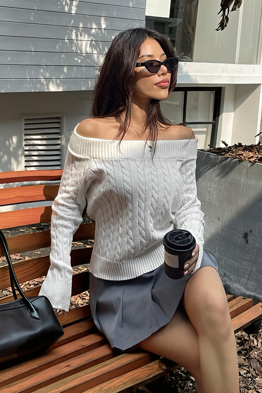 Cable Knit Off Shoulder Cropped Sweater