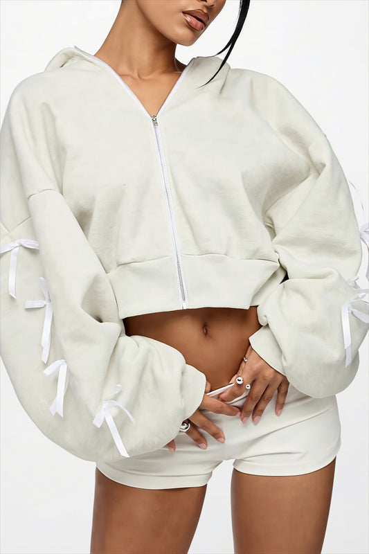 Bow Lace Up Sleeve Cropped Hoodie