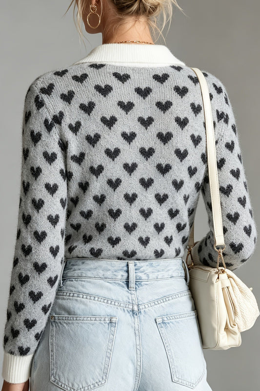 Heart Jacquard Collared Knit Sweater