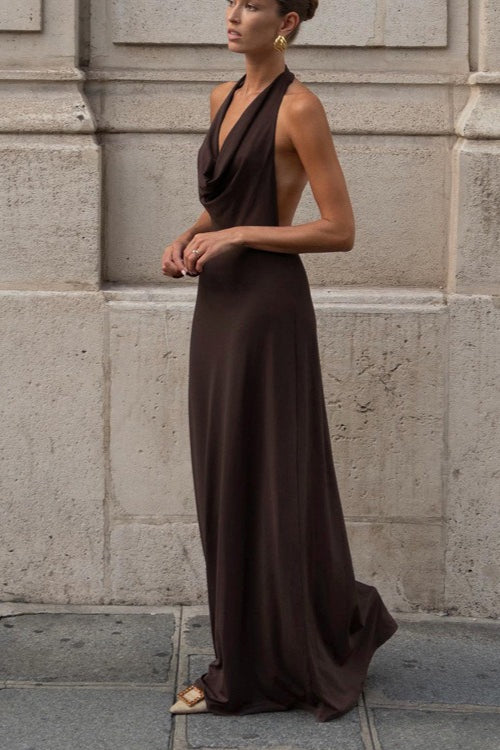 Brown Halter Backless Maxi Party Dress