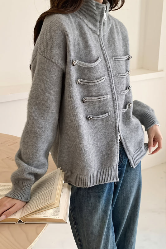Double Zip Stand Collar Cardigan