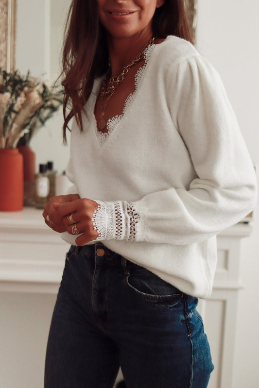 Lace Panel Pullover Long Sleeve Blouse