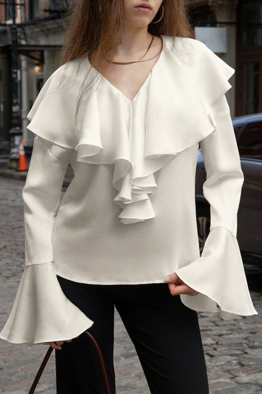 Beige Ruffled V Neck Flared Sleeve Blouse Apricot / S